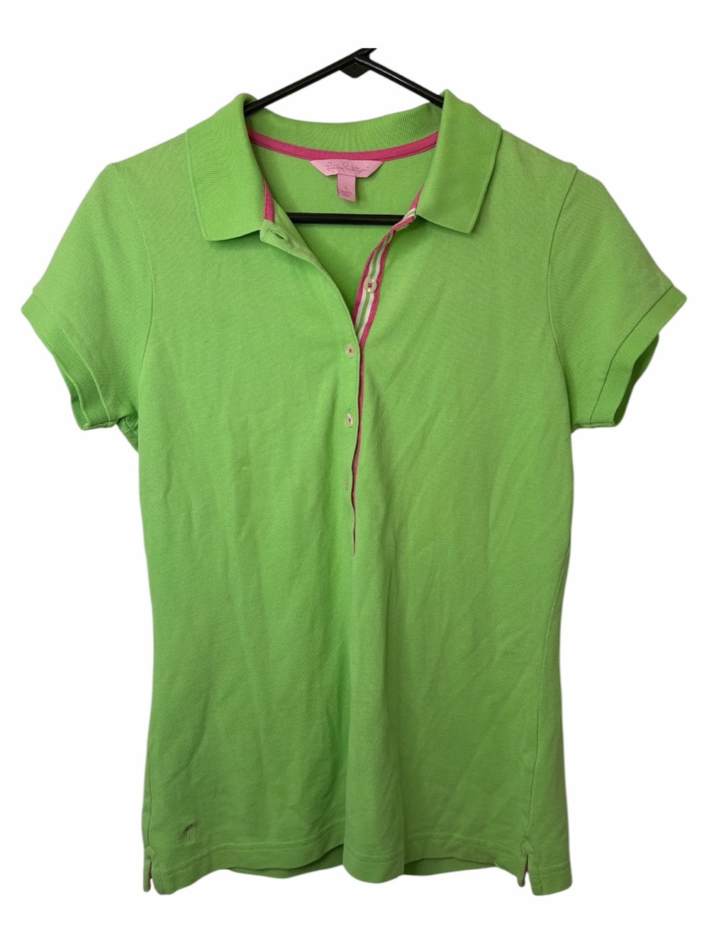 Lilly Pulitzer Womens Sz L Polo Shirt Bright GREEN Pink Trim Short Sleeve